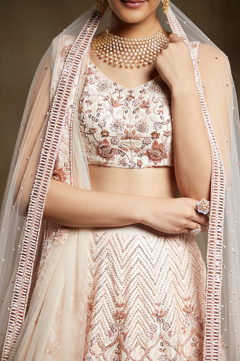 Cream Embroidered Bridal Lehenga With two Dupattas - Image 3