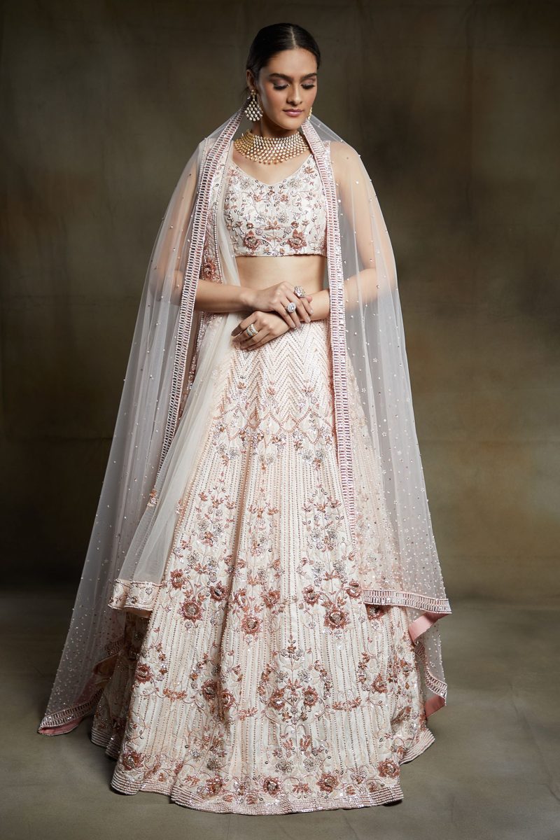 Cream Embroidered Bridal Lehenga With two Dupattas