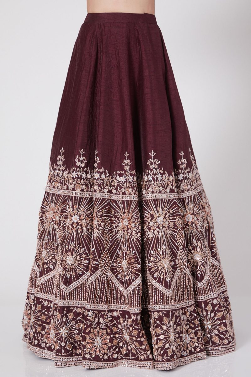 Wine Embroidered Wedding Lehenga - Image 4