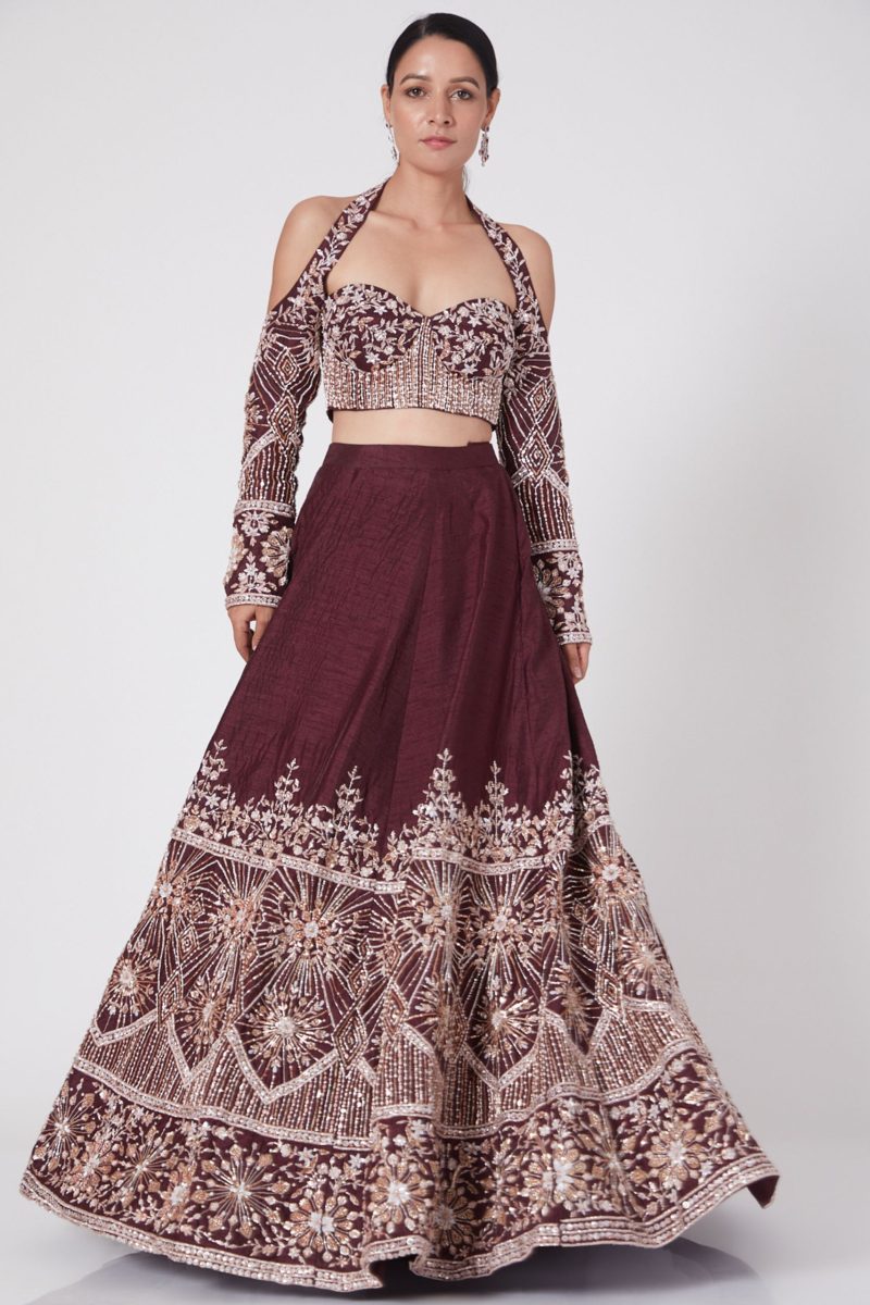 Wine Embroidered Wedding Lehenga