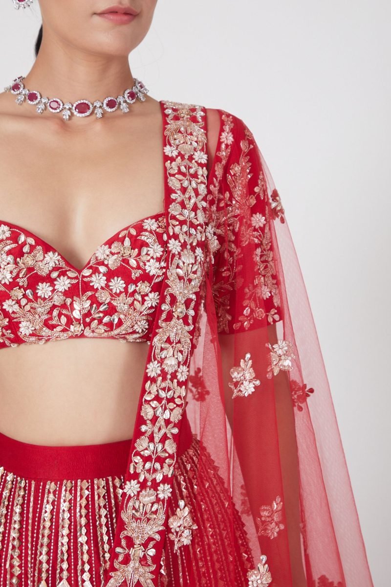 Red Embroidered Lehenga and Dupatta - Image 4