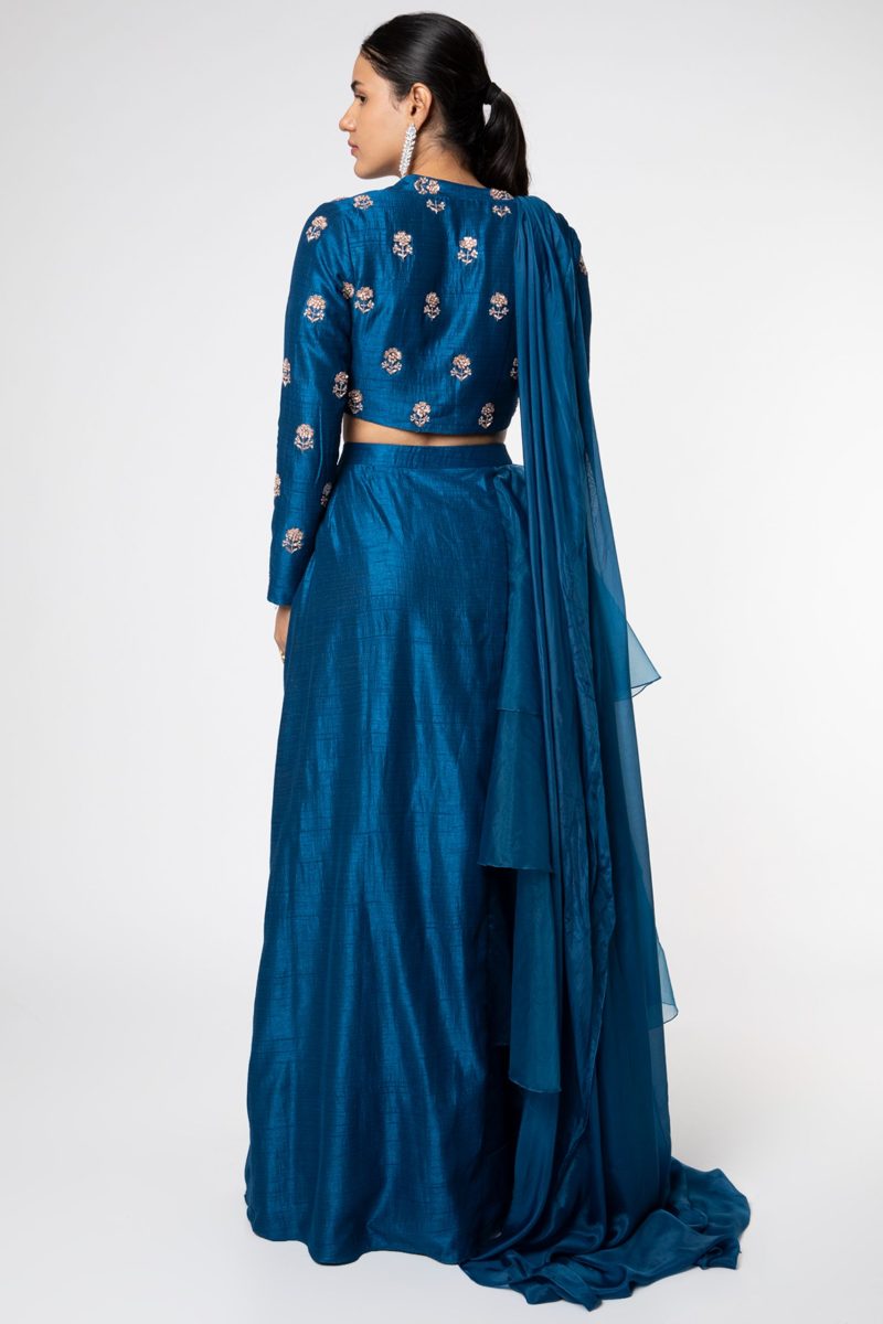 Blue Embroidered layered Lehenga with Blouse - Image 3