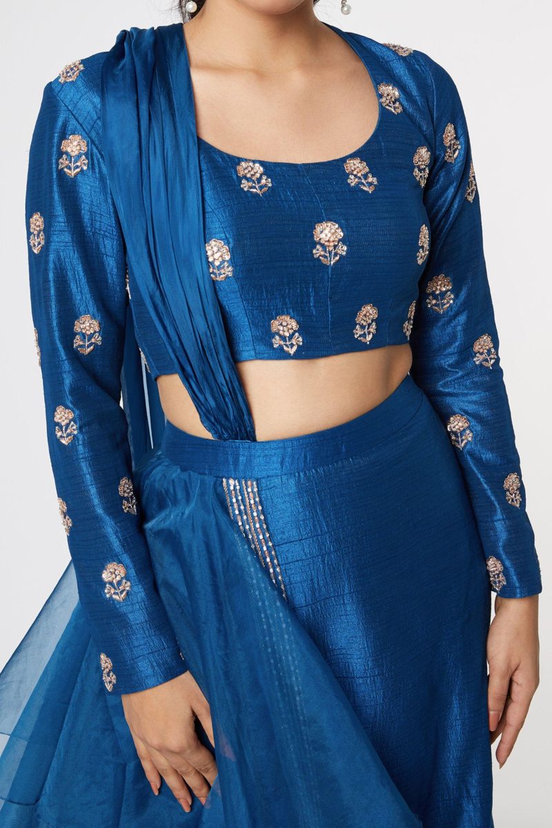 Blue Embroidered layered Lehenga with Blouse - Image 2