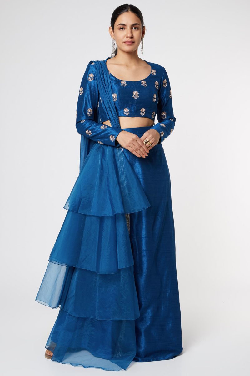 Blue Embroidered layered Lehenga with Blouse