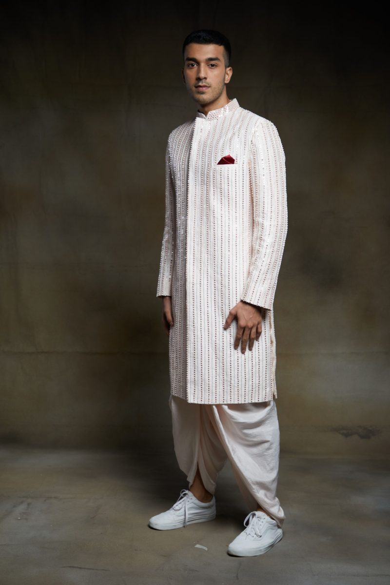 Beige Silk Sherwani And Dhoti Pant Set - Image 2