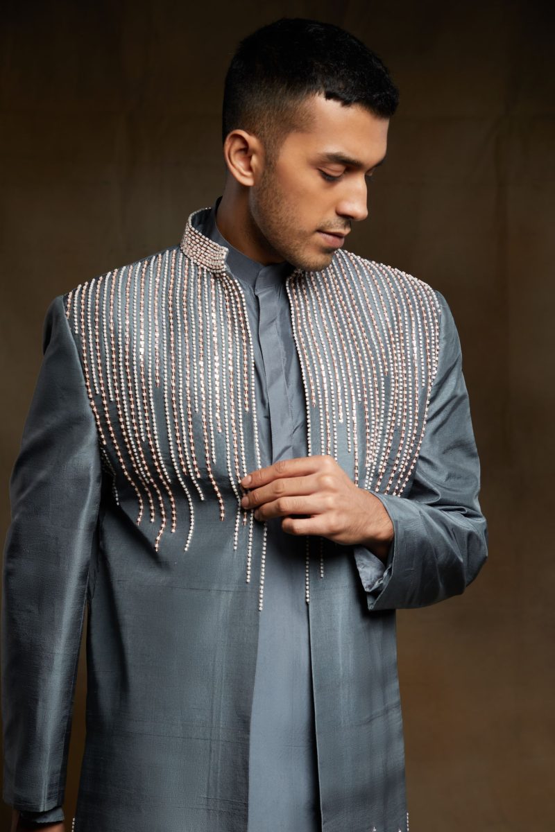 Grey Silk Long Jacket And Kurta Set - Image 2