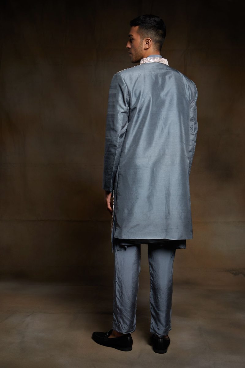 Grey Silk Long Jacket And Kurta Set - Image 3