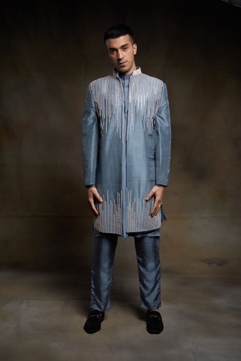 Grey Silk Long Jacket And Kurta Set - Image 4