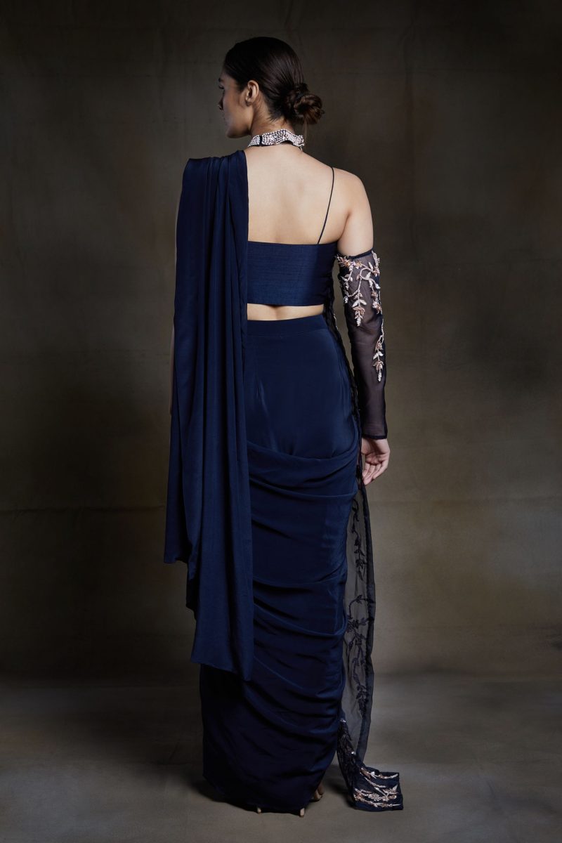 Midnight Blue Saree With One Side Embroidered Jacket - Image 4