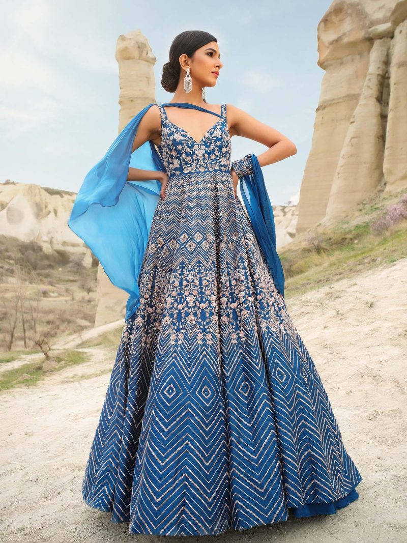 Blue Embroidered Gown with Drape - Image 2