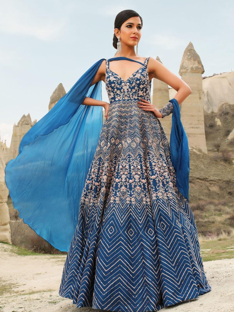 Blue Embroidered Gown with Drape