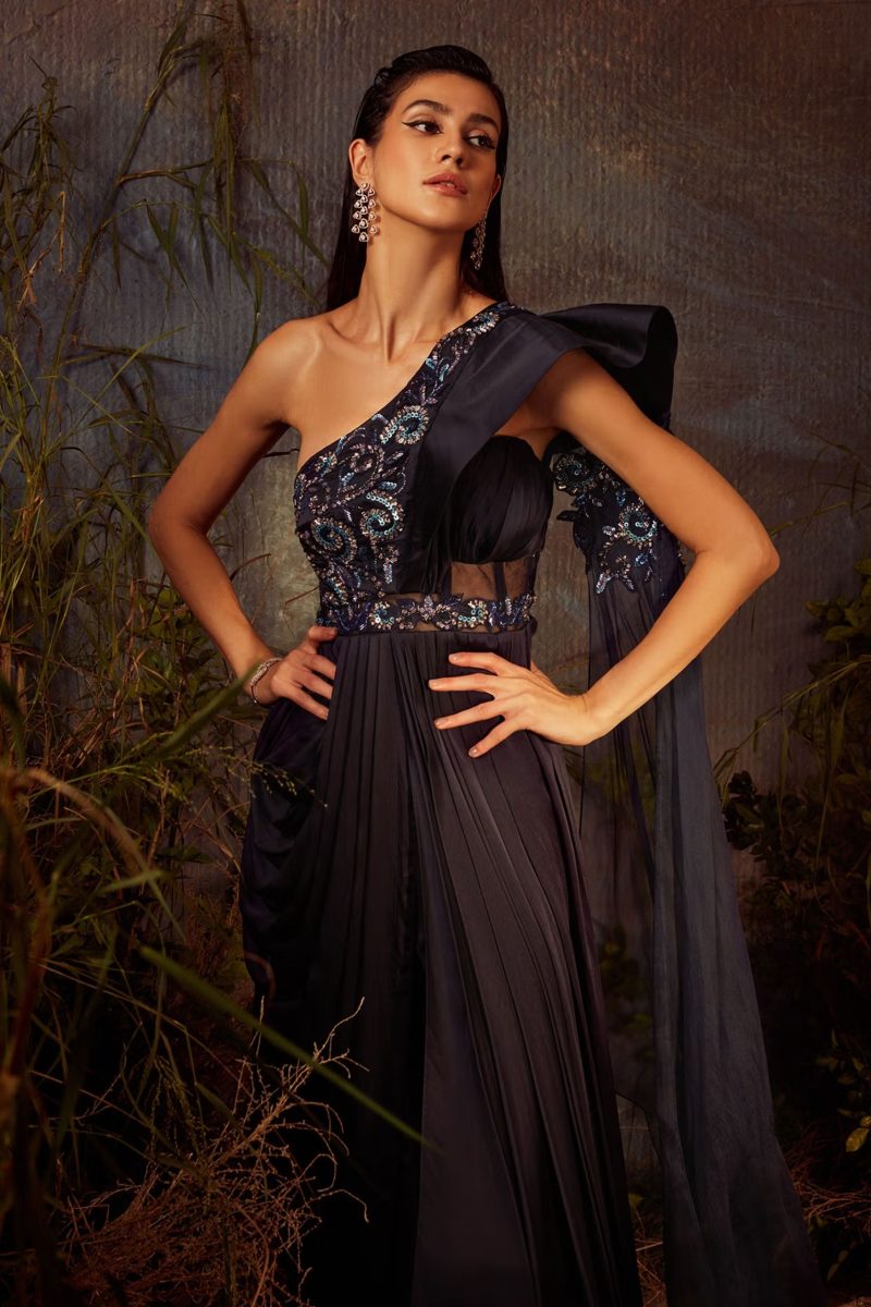 Mid Night Blue Embroidered Shoulder Slit Saree - Image 3