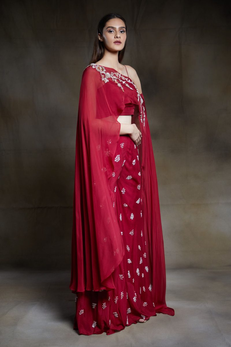 Crimson Embroidered Sharara Pant With One Shoulder Drape - Image 3