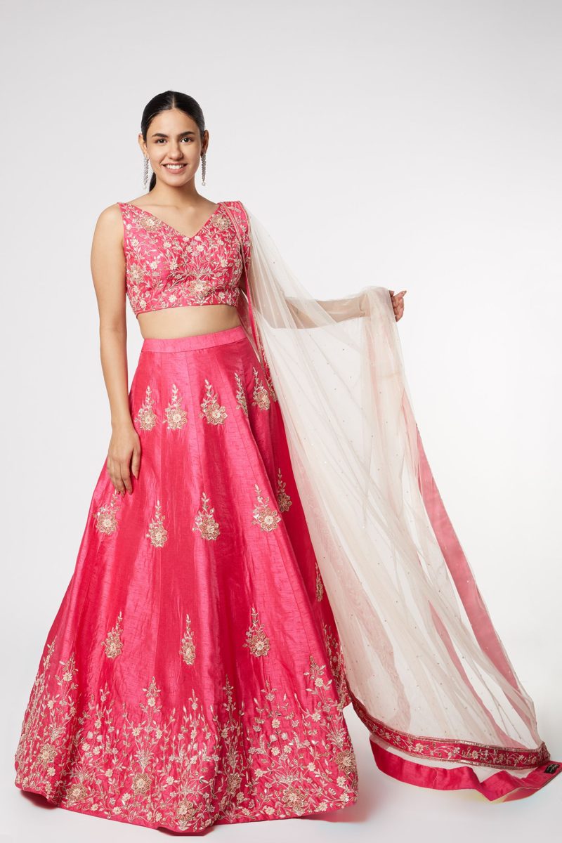 Hot Pink Embroidered Lehenga with Dupatta - Image 4