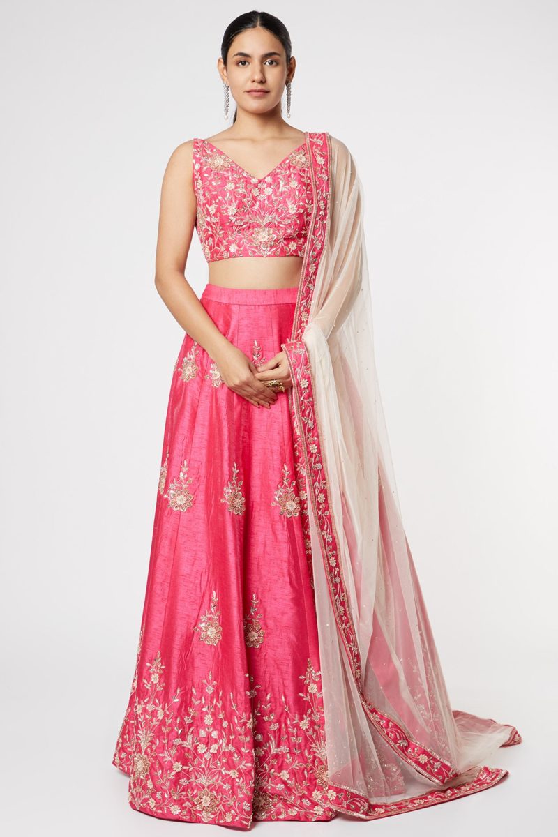 Hot Pink Embroidered Lehenga with Dupatta