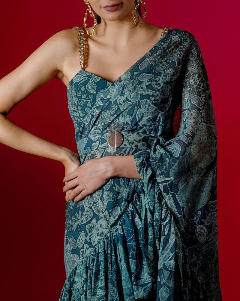 Blue Georgette Jungle Print Draped Saree Set - Image 2