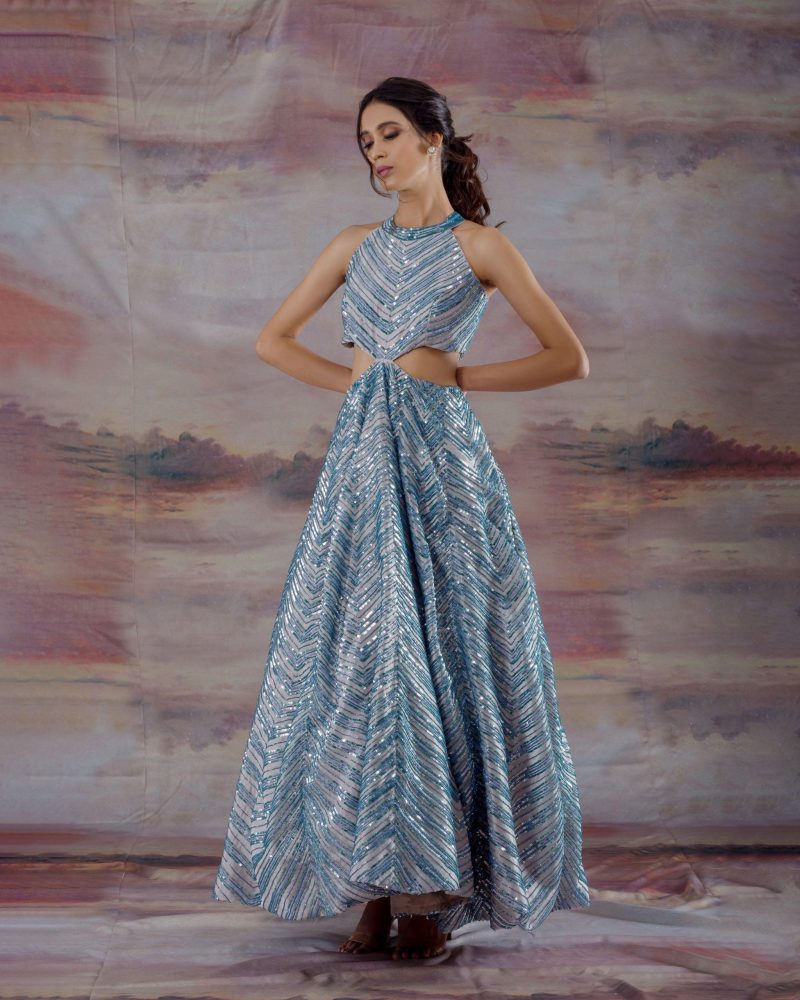 Blue Organza Embroidered Gown