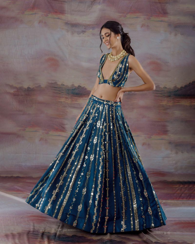 Teal Blue Embroidered Lehenga Set