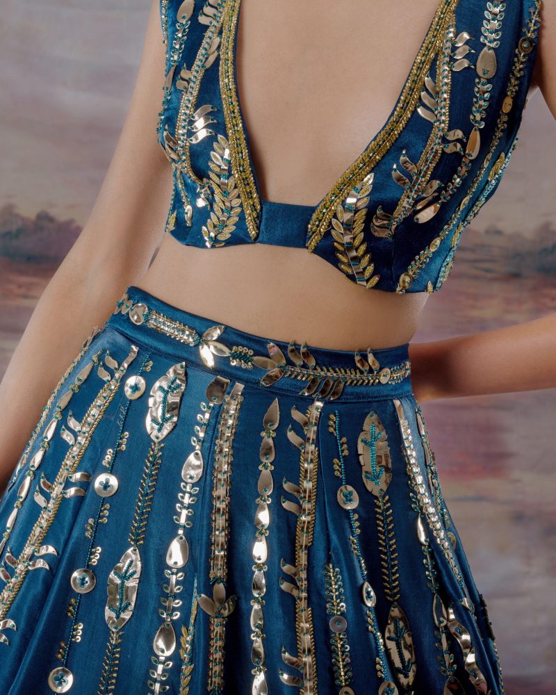 Teal Blue Embroidered Lehenga Set - Image 3