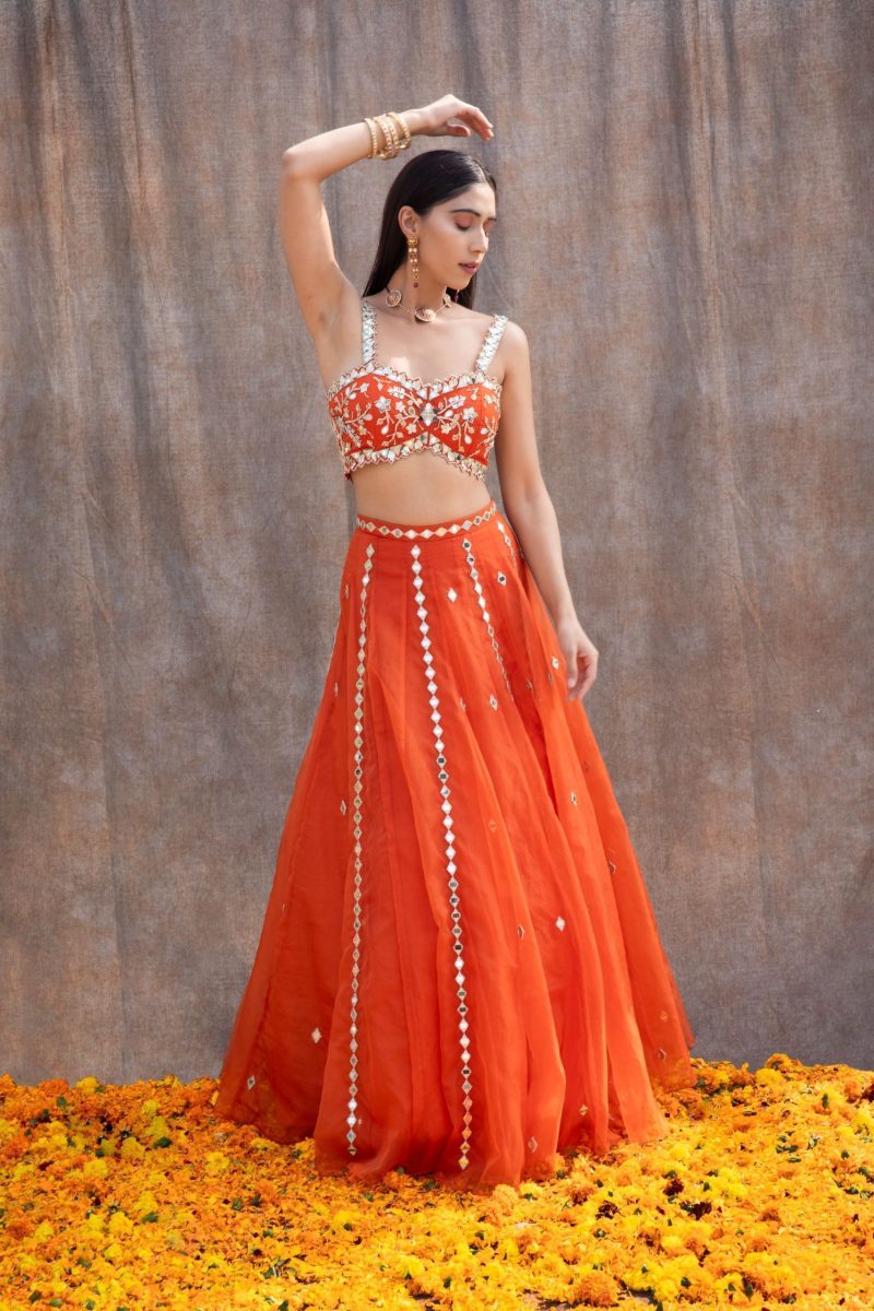 Mirror Work Bustier With Mirror Lines Orange Lehenga