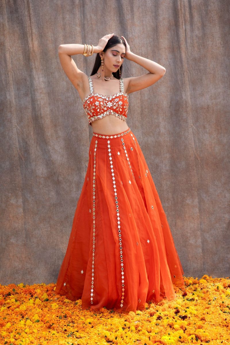 Mirror Work Bustier With Mirror Lines Orange Lehenga - Image 2