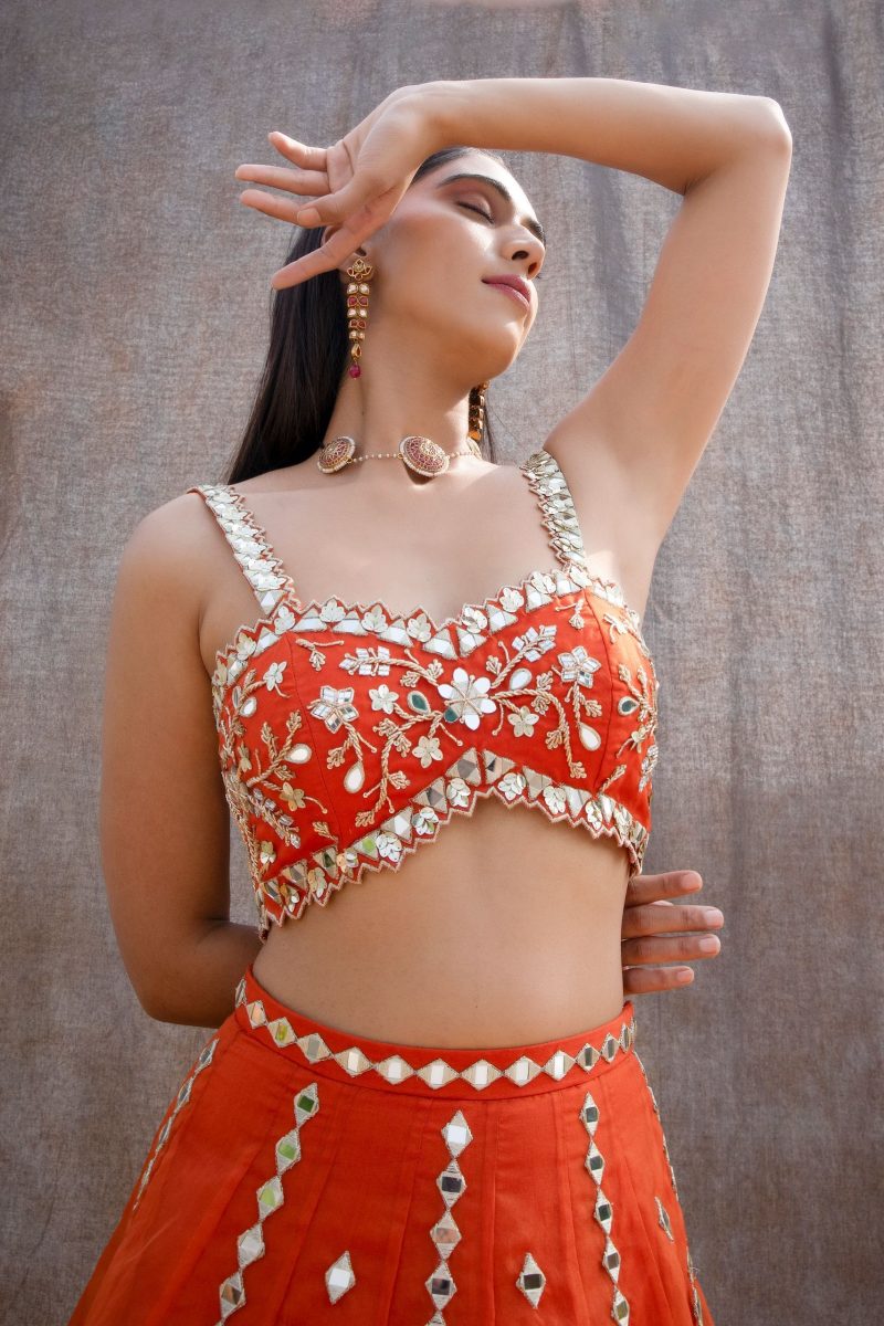 Mirror Work Bustier With Mirror Lines Orange Lehenga - Image 3