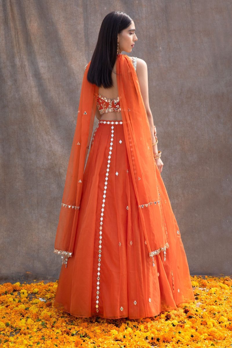 Mirror Work Bustier With Mirror Lines Orange Lehenga - Image 4