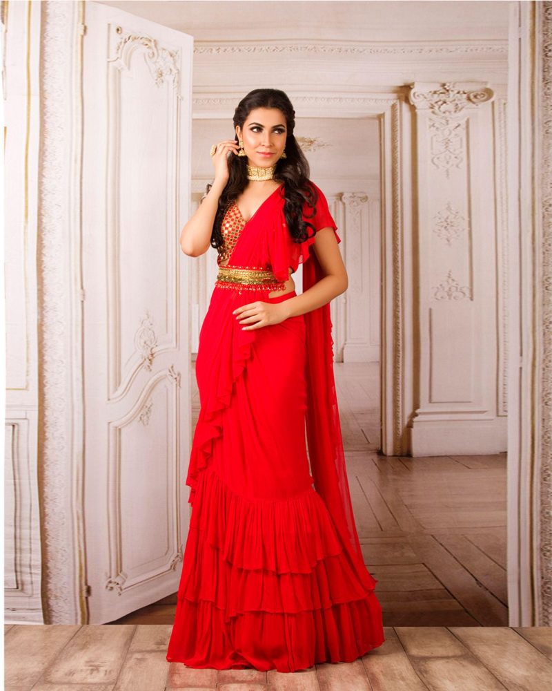 Red Color Georgette Ruffle Sari