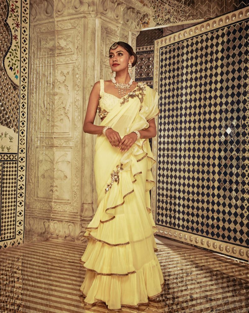 Yellow Color Lucknowi Ruffle Sari - Image 2