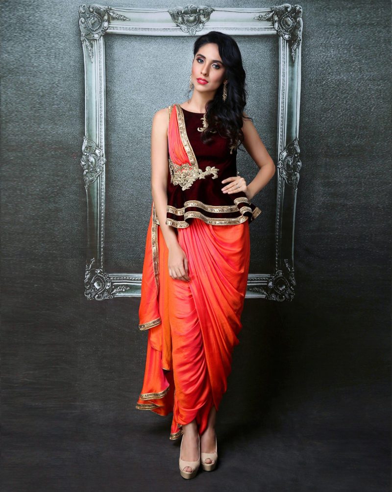 Orange and Maroon Color Peplum Drape Sari