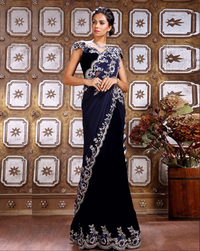 Midnight Blue Color Silver Flower Embroidery Sari