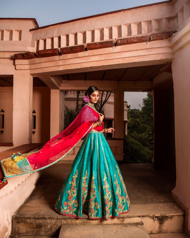 Blue Color Raw Silk Lehenga Set And Paneled Dupatta - Image 3