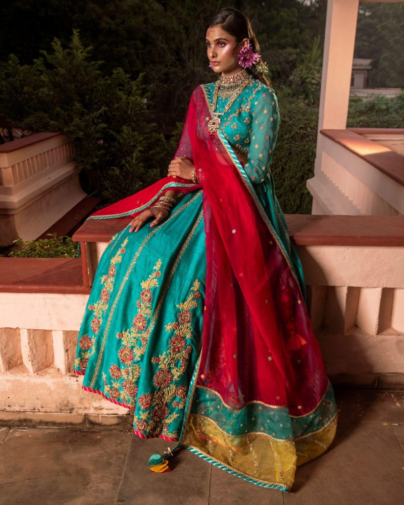 Blue Color Raw Silk Lehenga Set And Paneled Dupatta