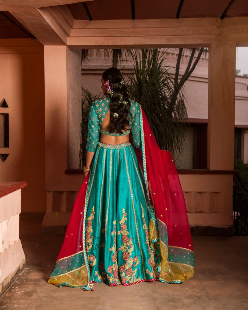 Blue Color Raw Silk Lehenga Set And Paneled Dupatta - Image 4