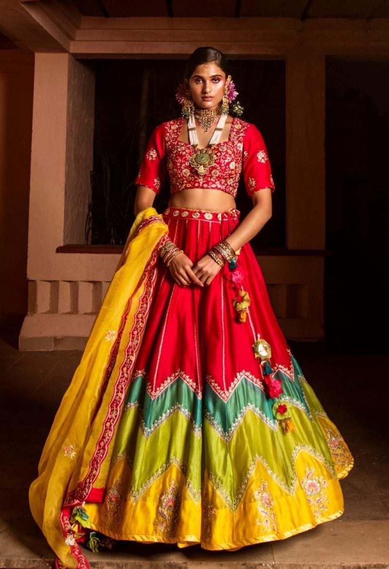 Silk Chanderi Multi Color Block Lehenga