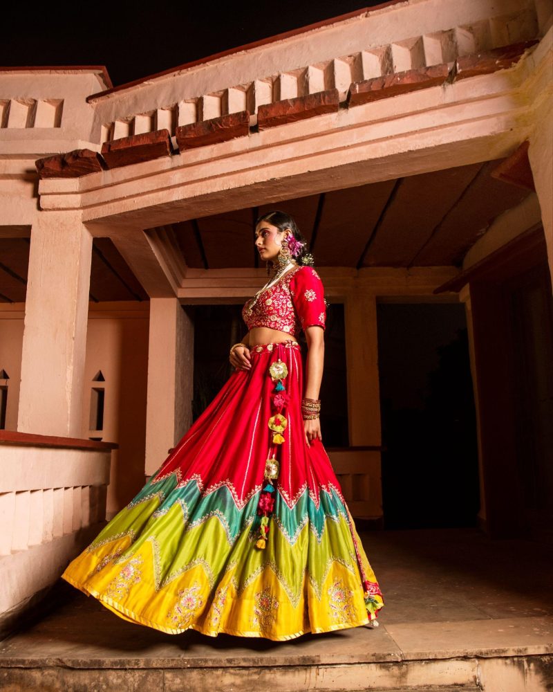 Silk Chanderi Multi Color Block Lehenga - Image 2