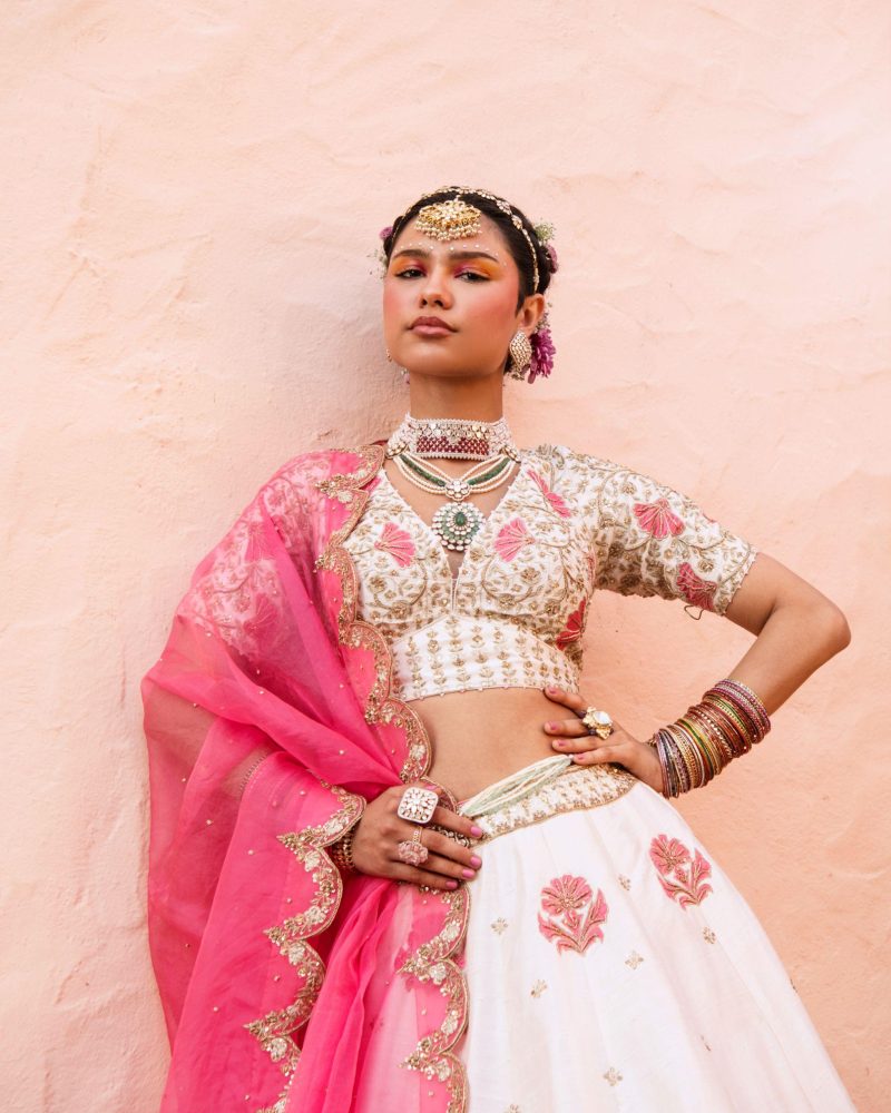 White Color Raw Silk Zardozi Embroidered Lehenga