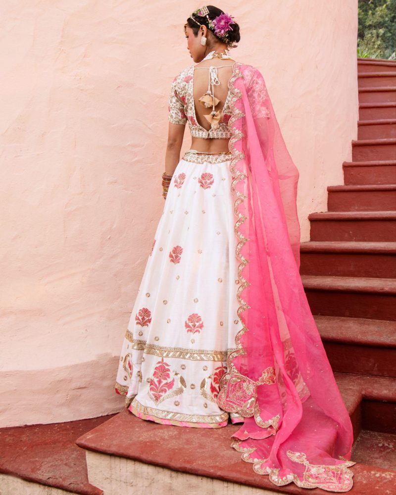 White Color Raw Silk Zardozi Embroidered Lehenga - Image 3