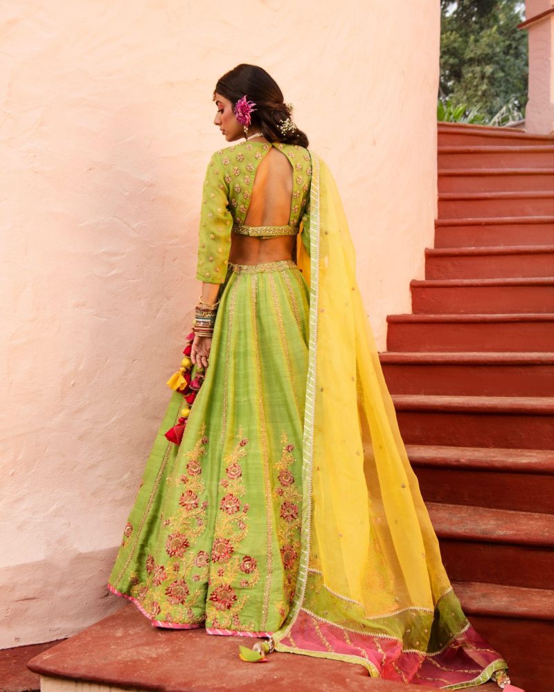 Green Color Shantoon Raw Silk Zardozi Lehenga - Image 4