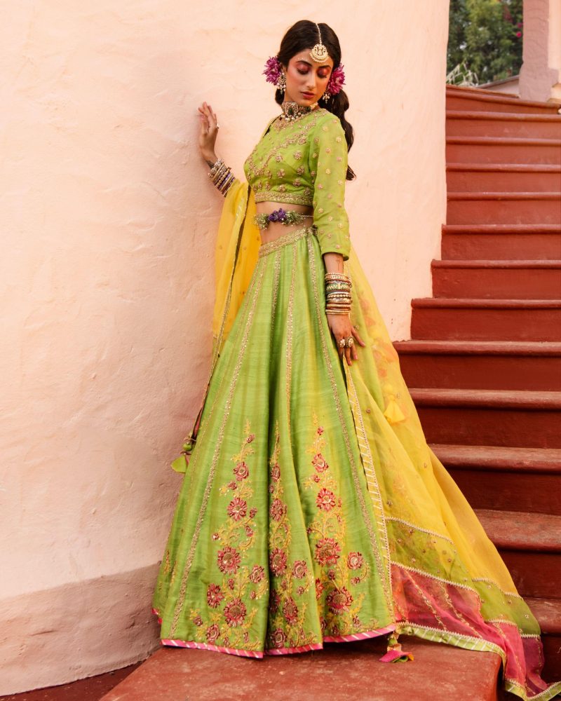 Green Color Shantoon Raw Silk Zardozi Lehenga - Image 2