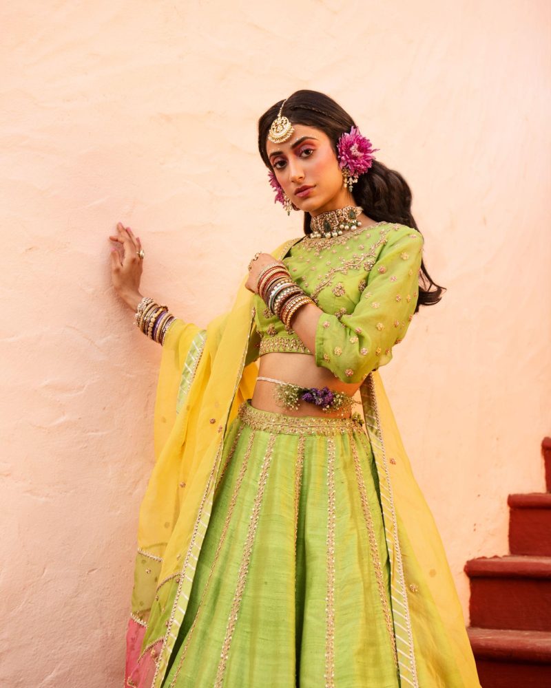 Green Color Shantoon Raw Silk Zardozi Lehenga