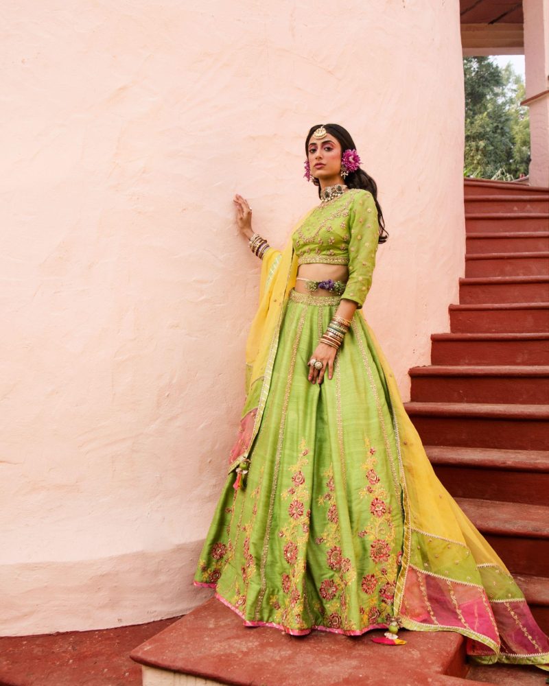 Green Color Shantoon Raw Silk Zardozi Lehenga - Image 3