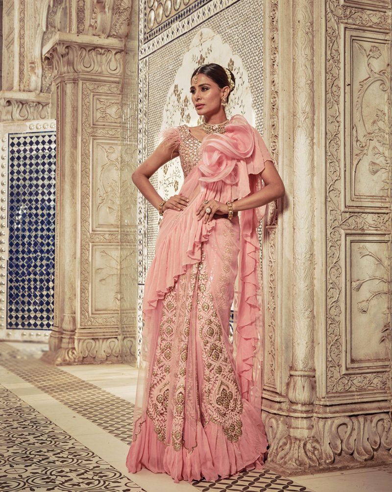 Powder Pink Color Lucknowi Ruffle Sari