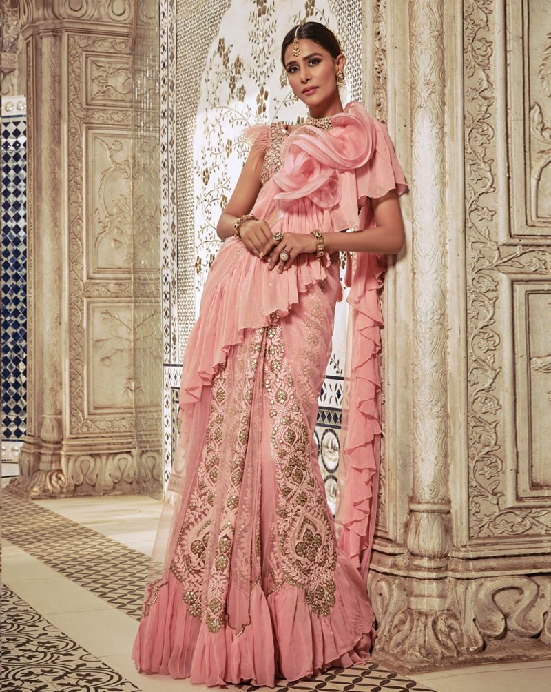 Powder Pink Color Lucknowi Ruffle Sari - Image 2