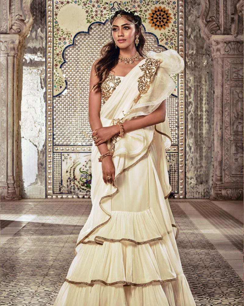 Ivory Color Cutwork Embroidery Ruffle Sari