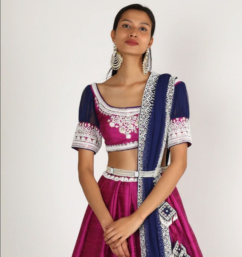 Purple & Navy Blue Color Embroidered Lehenga Set - Image 2