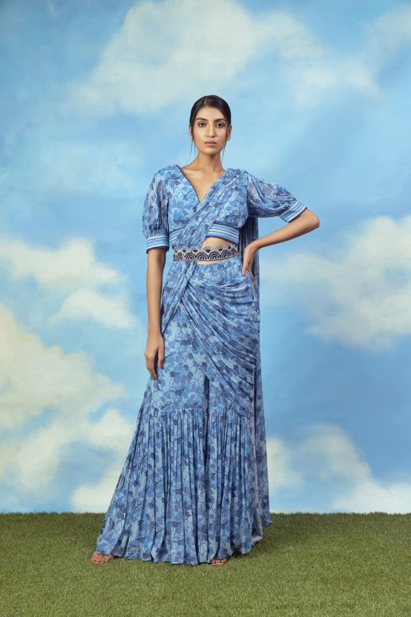 Blue Printed Palazzo Sari With Blouse And Belt