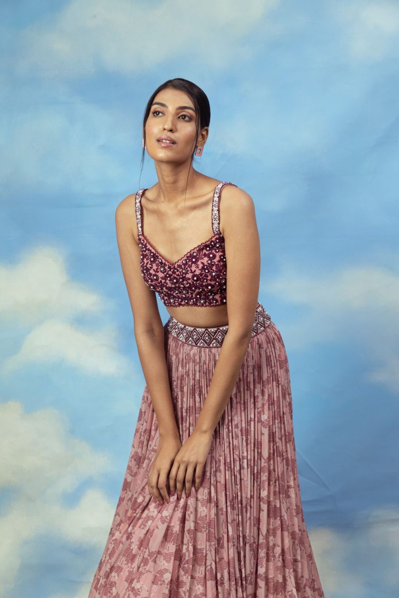 Rose Gold Crop Top Skirt With Embroidered Blouse - Image 3