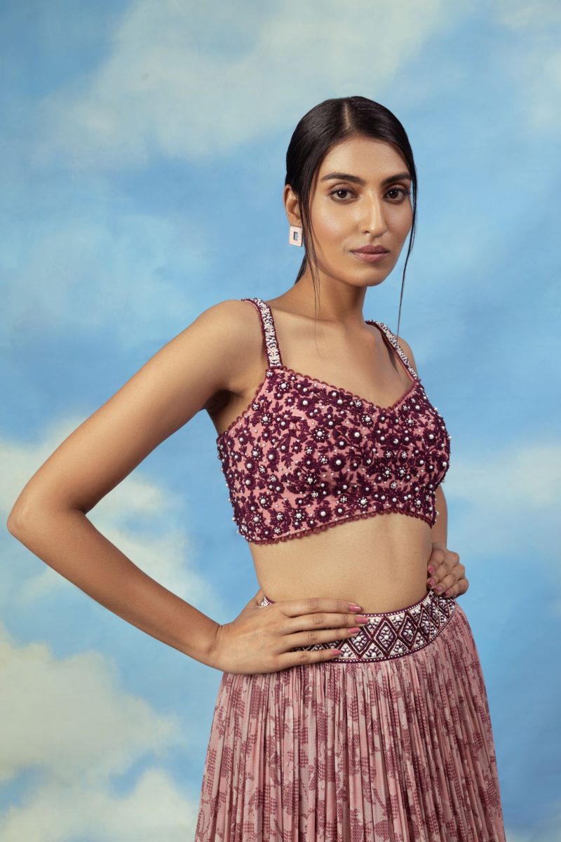 Rose Gold Crop Top Skirt With Embroidered Blouse - Image 2