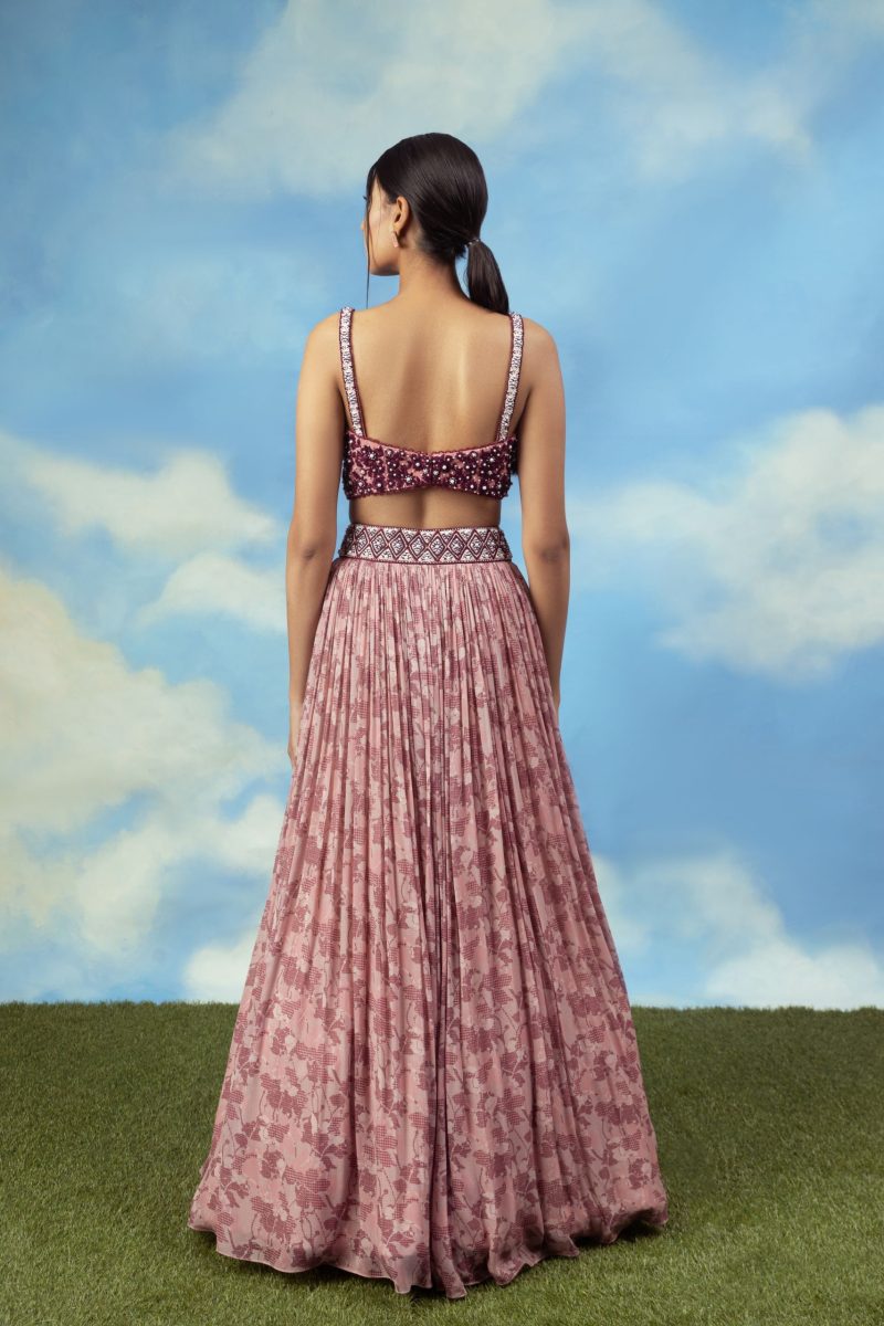 Rose Gold Crop Top Skirt With Embroidered Blouse - Image 4